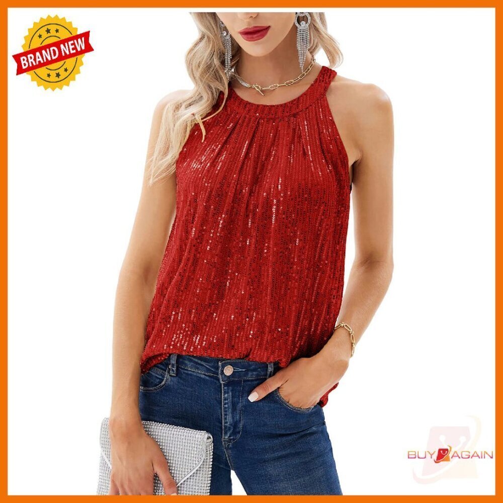 Sequin Halter Tank Top Sleeveless Ruched Sparkly Party Club Wear